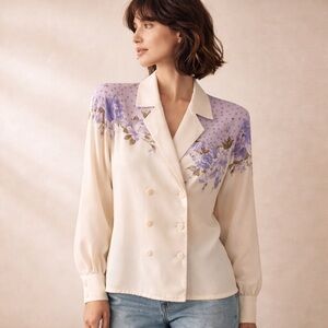 Vintage 90s Jac Dale Floral Polka Dot Blouse Double Breasted Ivory Lilac Sz S